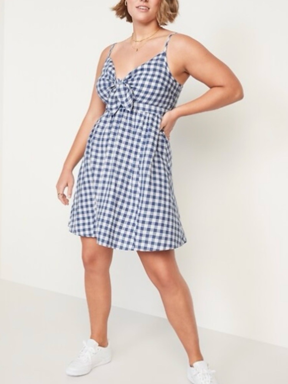 Old Navy Fit & Flare Tie-Front Smocked Blue Plaid Mini Cami Dress Linen Blen XXL